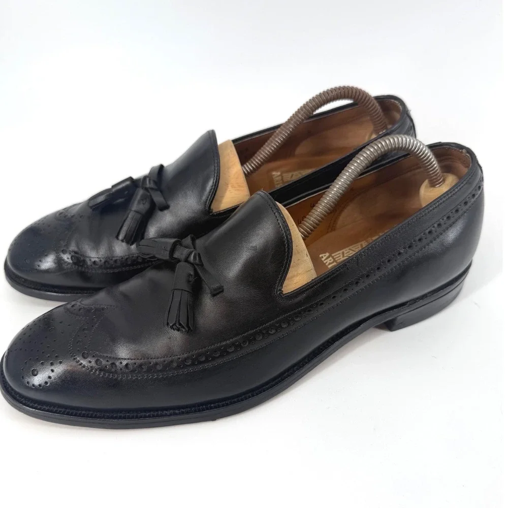 VTG 80s Johnston & Murphy Aristocraft Black Leather Wingtip Tassel Loafers 10.5R